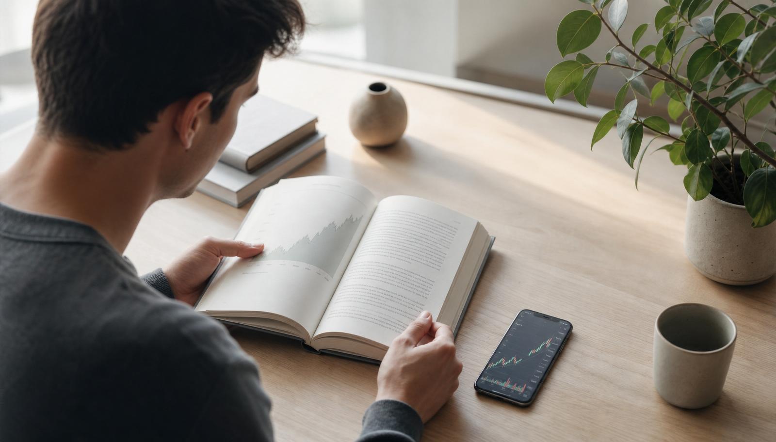 En begynder med en bog om investering og en telefon der viser en aktiegraf.