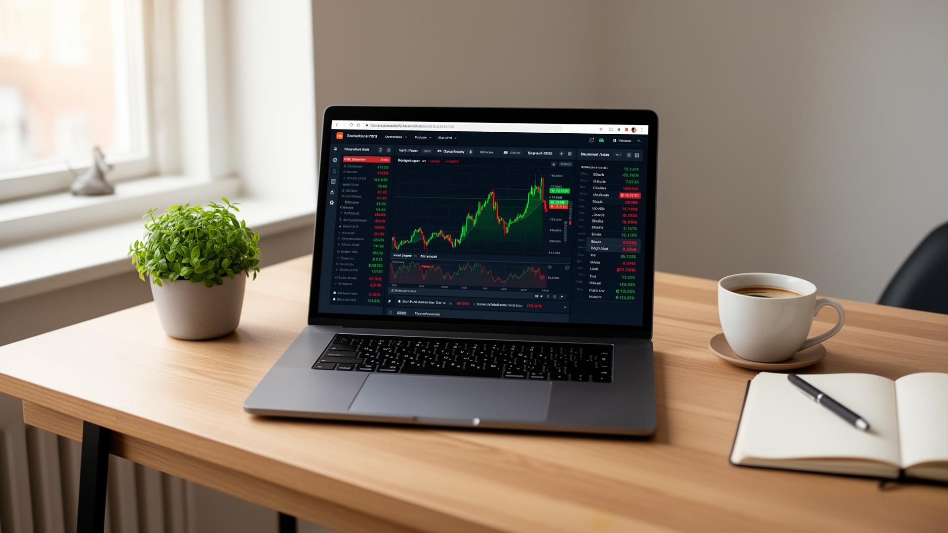 Bærbar computer med en investeringsplatform åbent på et skrivebord med kaffe og en plante i Skandinavisk morgenlys.