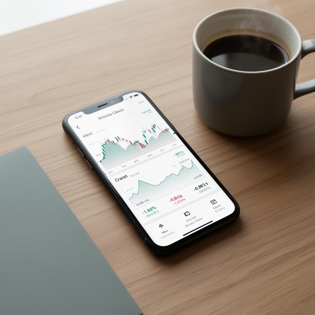 Smartphone med en investeringsapp åben på en arbejdsplads med kaffekop.