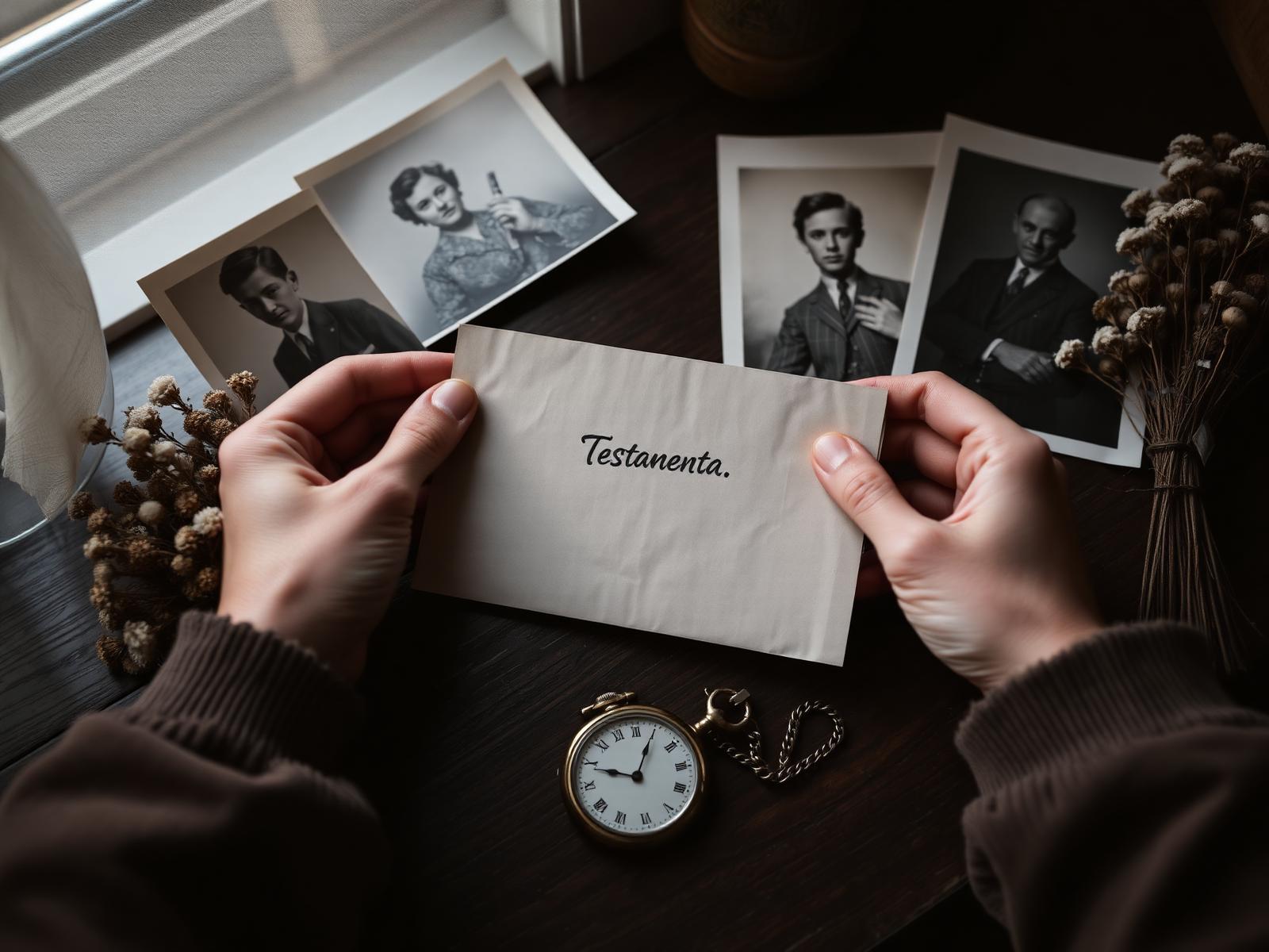Hænder holder en lukket konvolut mærket Testamente ved siden af gamle familiefotos, et lommeur og tørrede blomster på et mørkt skrivebord.