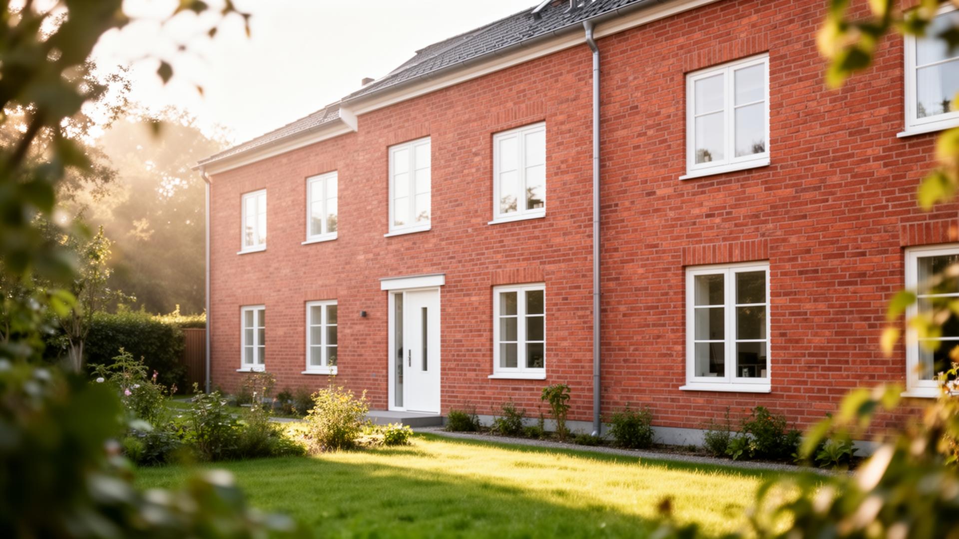 Modern dansk villa med rød murstensfacade og hvide vinduer i blødt morgenlys.