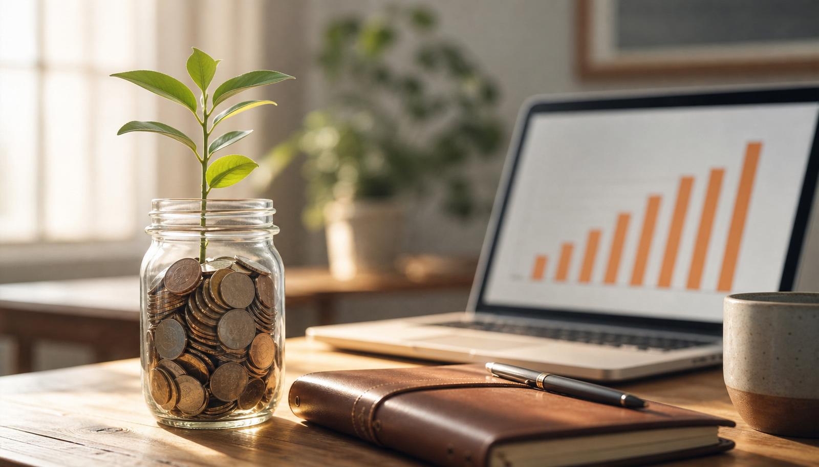 Sparegris af glas med mønter og en spirende plante på et skrivebord — symbol på voksende opsparing.
