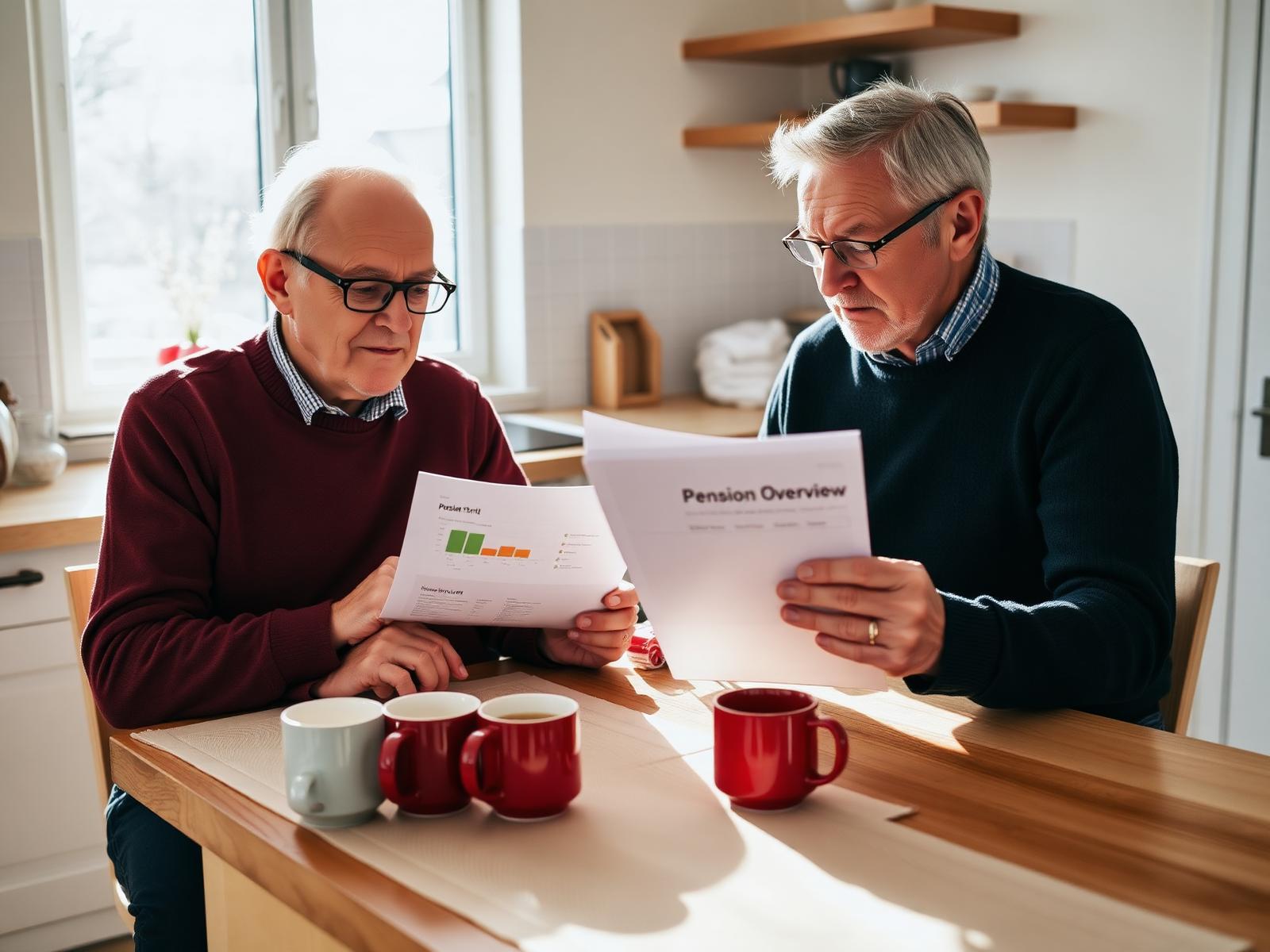 Ældre dansk par sidder ved et køkkenbord og kigger på pensionsoversigt på papir og laptop i morgenlys.