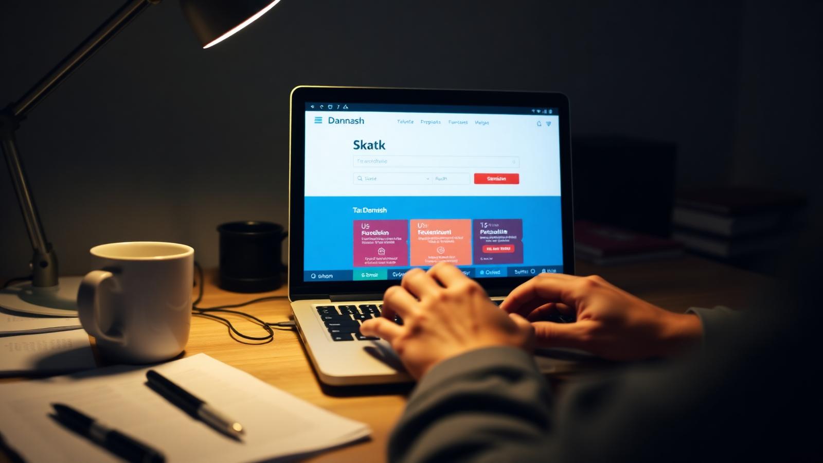Hænder skriver på laptop med Skats portal åben, dokumenter og kaffekop ved siden af.